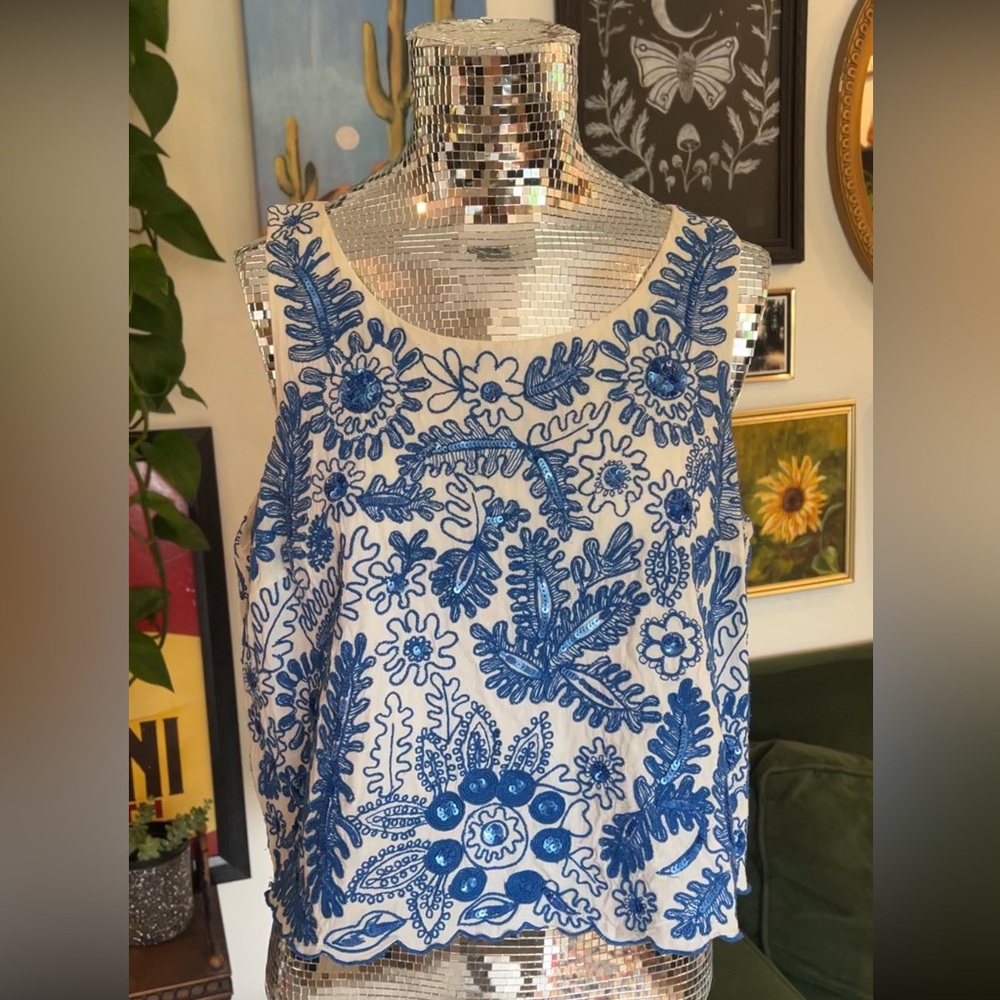 Anthropologie Moulinette Soeurs Blue Floral Embroidered Tank Top